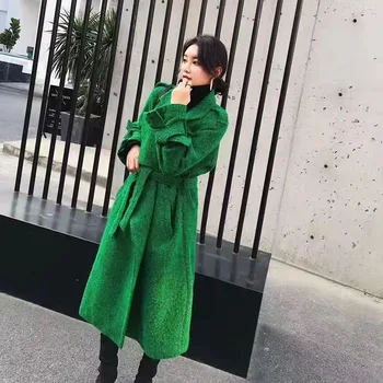 Дамско палто за Есен-зима 2022, Нова Мода яке X-Long, Вълна палто с Колан, дамски Зелен Цвят